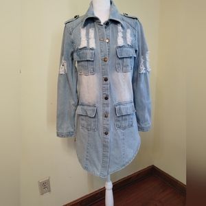 Tanming women's Casual Distressed Denim jacket  Ripped Jean Jacket Coat size S
